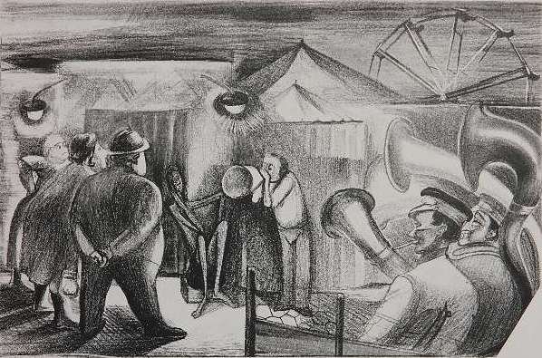 Elizabeth Olds lithograph: Elizabeth Olds (American 1896-1991)- ''Side Show''- lithograph,, 1936-42, edition of 25 done for the NYC WPA, good condition. 9 3/4 x 15 1/8''