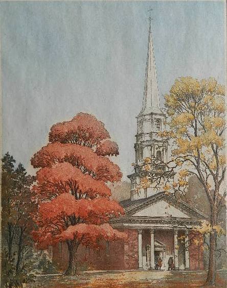 Leon Pescheret etching in colors: Leon Pescheret (American 1892-1961)- ''Marina Mary Chapel''- etching in colors,, signed in pencil, very good condition. 13 7/16 x 10 7/16''