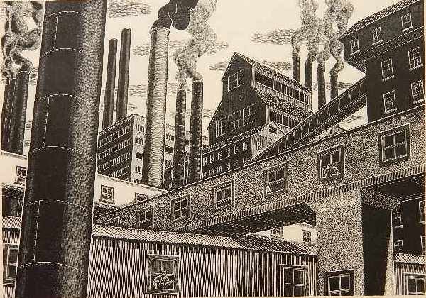Salvatore Pinto wood engraving: Salvatore Pinto (American 1905-1966)- Factory- wood engraving, ca. 1930, very good condition. 7 x 10''