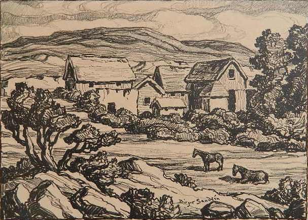 Birger Sandzen lithograph: Birger Sandzen (American 1871-1954)- ''The Hillside Farm'' (Greenough 136)- lithograph, 1934, signed in pencil, edition of 100, paper age toned around edges otherwise good condition. 10 x 14''
