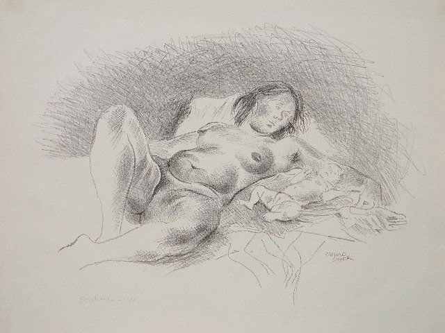 Raphael Soyer lithograph: Raphael Soyer (American 1899-1987)- ''Mother and Child'' (Cole 114)- lithograph, signed in pencil, some staining, minor tears on edges with two old tape hinges on verso otherwise good condition. 16 x