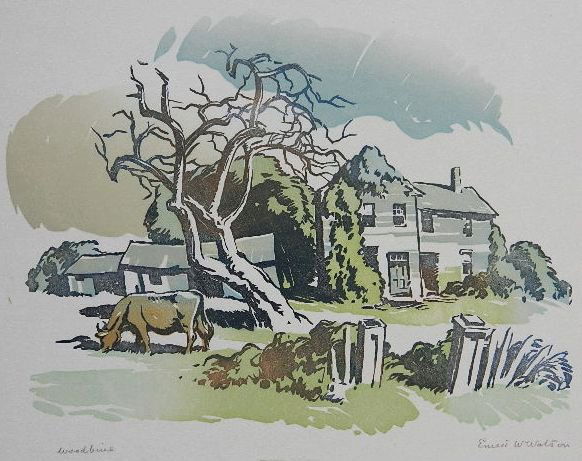 Ernest W. Watson linocut in colors: Ernest W. Watson (American 1884-1969)- ''Woodbine''- linocut in colors, signed in pencil, edition of 200, done for the Prairie Printmakers, good condition. 6 1/2 x 9 1/2''