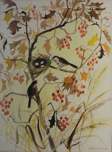 Marion Bryson watercolor: Marion Bryson (American 20th c.)- Birds and Nest- watercolor on paper, signed Marion Bryson lower right, good condition. 23 x 17 1/2''