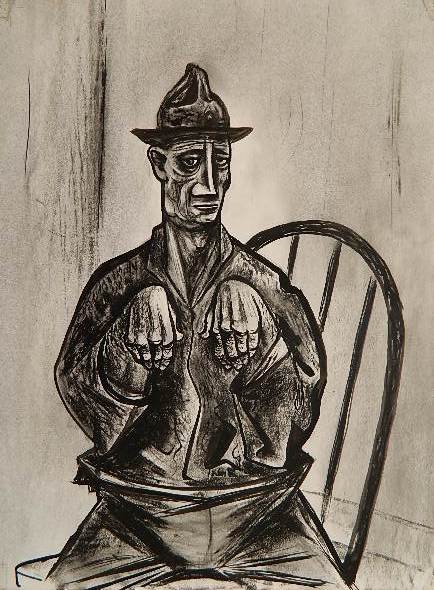 Charles Campbell oil on paper: Charles Campbell (American 1905-1985)- Seated Figure- oil on paper, 1944, signed Charles Campbell '44 lower right, tape remnants in corners. 12 1/4 x 9''
