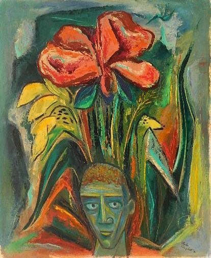 Charles Campbell oil on paper: Charles Campbell (American 1905-1985)- Bust with blooming flowers- oil on paper, 1946, signed Charles Campbell '46 lower right, loose paint and paint loss to left of yellow foliage. 22 1/2 x 18''