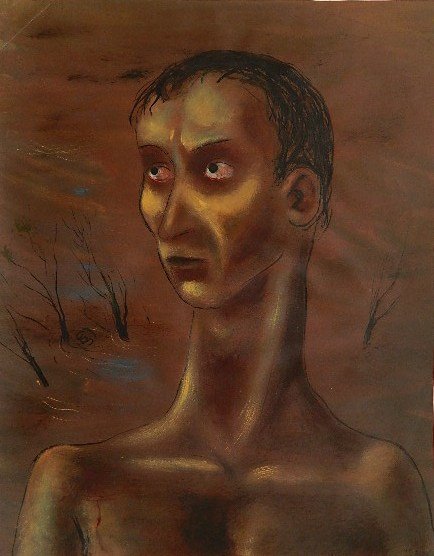 Charles Campbell oil on paper: Charles Campbell (American 1905-1985)- Psychotic Male in Landscape- oil on paper, signed with monogram lower left, creases in upper left corner. 19 x 14 1/2''