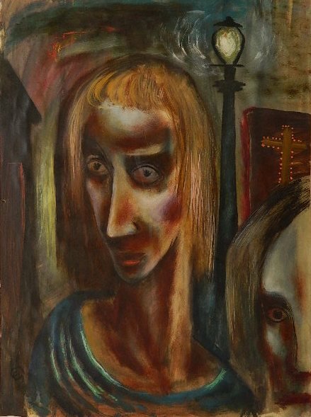 Charles Campbell oil on paper: Charles Campbell (American 1905-1985)- Psychotic Female in Landscape- oil on paper, signed with monogram lower left, good condition. 20 3/4 x 15 1/2''