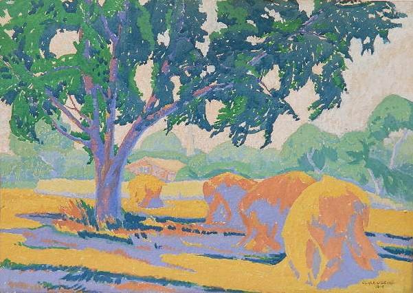 Clara Deike gouache: Clara Deike (American 1881-1964)- Haystacks in a Field- gouache on paper, 1915, signed Clara L. Deike 1915 lower right, some tears around edges, one puncture in paper along right side. 13 x 18 1/2''