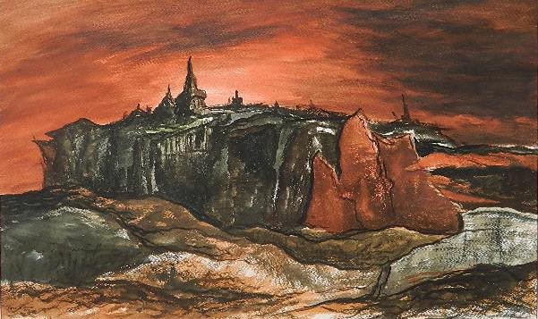 Raphael Gleitsmann watercolor: Raphael Gleitsmann (American 1910-1995)- ''The Color of War is Red''- watercolor on paper, 1948, signed Raphael Gleitsmann 1948 lower left, good condition. 18 x 30'' Exhibited: The 82nd Annual Exhibit