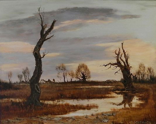 Ray Grathwol oil: Ray Grathwol (American 1900-1982)- ''Near Sandusky''- oil on panel, signed R. Grathwol lower right, good condition. 24 x 30''