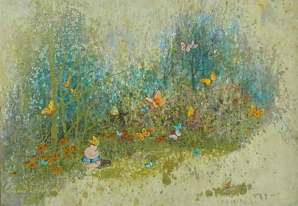Robert Laessig and Tom Wilson oil: Robert Laessig (American 1913-2010) & Thomas Wilson (American 1931-2011)- Ziggy and Butterflies in a Landscape- oil on panel, signed by both artists. 30 x 44'' This is a one of a kind collaboration be