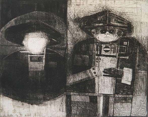 Bruce Mc Combs etching: Bruce Mc Combs (American 1943- )- ''Double Portrait''- etching, 1969, signed, dated, titled and numbered 11/50 in pencil, several tape remnants around edges. 18 x 22 3/4'' Provenance: John Paul Miller