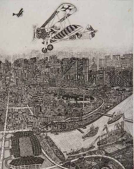 Bruce Mc Combs etching: Bruce Mc Combs (American 1943- )- ''The Great Flying Machine''- etching, 1975, signed, titled, dated and annotated 'Artist Proof' in pencil, one spot of stain in image. 27 1/2 x 22''