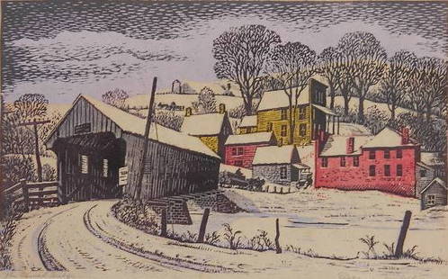 Woldemar Neufeld woodcut: Woldemar Neufeld (American 1909-2002)- ''Covered Bridge''- woodcut in colors, c. 1930, signed and titled in pencil, light struck with some foxing, otherwise good condition. 8 1/4 x 13 1/2''