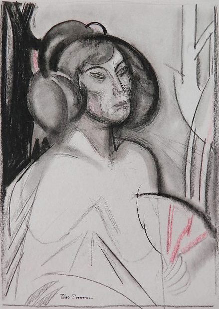 William Sommer charcoal and pastel: William Sommer (American 1867-1949)- Woman with Fan- charcoal and pastel on paper, signed Wm. Sommer in pen lower center. 15 1/2 x 11''
