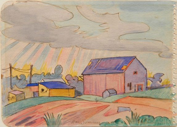 William Sommer watercolor: William Sommer (American 1867-1949)- Barn in Landscape- watercolor on paper, signed Wm. Sommer lower center, watercolor and pen and ink of Cows verso. 5 x 6 1/2''