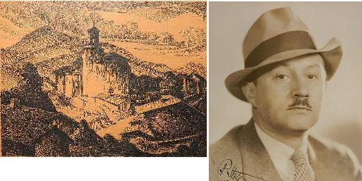 Rolf Stoll pen and ink: Rolf Stoll (American 1892-1978)- Monastery In The Hills- pen and ink on paper, 1937, signed Rolf Stoll in pen; together with an autographed Portrait Photograph, done by Clifford Norton. 9 x 12''
