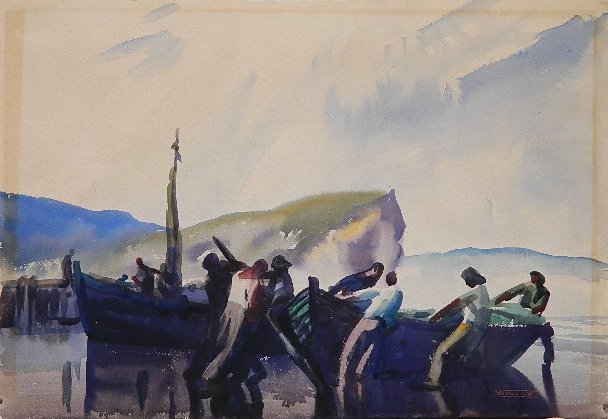 Frank N. Wilcox watercolor: Frank N. Wilcox (American 1887-1964)- ''Hauling In The Boats 'Perce'''- watercolor on paper, signed Wilcox lower right. 13 3/4 x 20'' Provenance: Vixseboxse Art Gallery, Cleveland, Ohio.