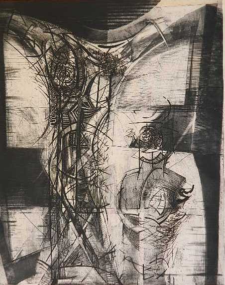 Ralph Woehrman etching: Ralph Woehrman (American 20th c.)- ''Ewigkert''- etching, signed, titled and annotated 'Studio Proof' in pencil, some mat burn. 27 1/2 x 21 3/4'' Provenance: John Paul Miller Collection, Cleveland, Oh