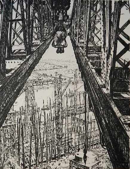 Muirhead Bone lithograph: Muirhead Bone (British 1876-1953)- Glasgow Shipyard- lithograph, c. 1917, signed in pencil, good condition. 18 x 13 7/8''