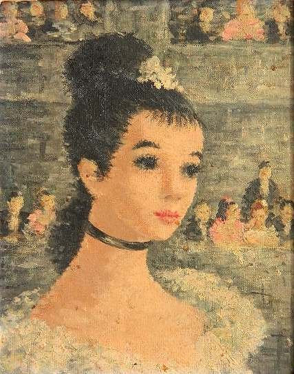 Attrib. to Suzanne Eisendieck oil: Attrib. to Suzanne Eisendieck (German 1908-1998)- Portrait of Young Woman- oil on canvasboard, varnish yellowed and surface grime, frame chipped. 9 1/2 x 7 1/2''