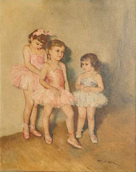 Pal Fried oil: Pal Fried (Hungarian 1883-1976)- Three Ballerinas- oil on canvas, signed Fried Pal lower right, surface grime, frame with a few small chips. 29 1/4 x 23 1/4''