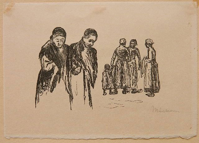 Max Liebermann lithograph: Max Liebermann (German 1847-1935)- Jewish Mourning- lithograph, signed in pencil, light struck, 3 paste hinges on verso, appears on recto. 2 1/2 x 3 5/8''