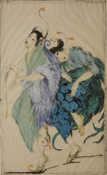 Elyse Lord drypoint: Elyse Lord (British 1900-1971)- Two Dancers- color drypoint, c. 1930, signed and numbered in pencil, 45 of 50, good condition. 9 1/16 x 5 1/2''