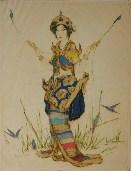 Elyse Lord drypoint: Elyse Lord (British 1900-1971)- Woman Among Birds- color drypoint, c. 1930, signed and numbered in pencil, 45 of 75, good condition. 10 1/4 x 8''