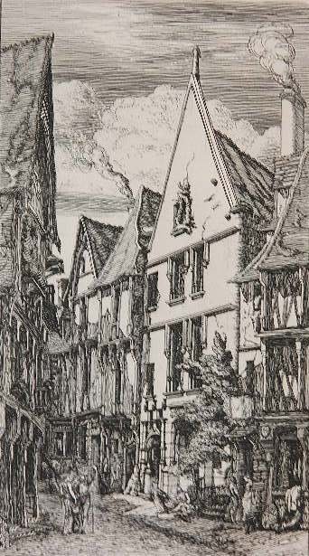 Charles Meryon etching with drypoint: Charles Meryon (French 1821-1868)- ''La Rue des Toils a Bourges'' (Delteil-Wright 55) (Schneiderman 31 viii/ix)- etching with drypoint on wove paper, 1853. 8 1/2 x 4 3/4''