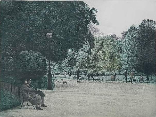 Harold Altman lithograph: Harold Altman (American 1924-2003)- Women, Parc Monceae- lithograph in colors, signed, titled and numbered in pencil, 84 of 165, good condition. 17 5/8 x 23 11/16''