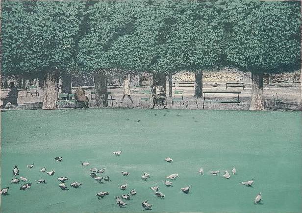 Harold Altman lithograph: Harold Altman (American 1924-2003)- Pigeons II- lithograph in colors, signed, titled and numbered in pencil, 82 of 185, good condition. 18 3/8 x 26 1/4''