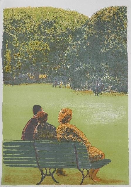 Harold Altman lithograph: Harold Altman (American 1924-2003)- ''Benches II''- lithograph in colors, signed, titled and numbered in pencil, 70 of 185, good condition. 23 x 16 1/2''