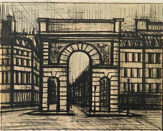 Bernard Buffet lithograph: Bernard Buffet (French 1928-1999)- "La Porte Saint-Martin"- lithograph in colors, 1962, signed and numbered 54/150 in pencil, from the portfolio 'Paris Album', slightly light struck otherwise good con