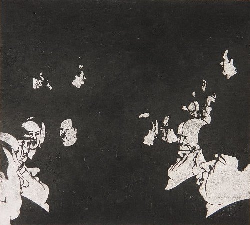 Art Hansen etching: Art Hansen (American 1930- )- ''The Lobby'' (AAA/Czestochowski 1972.021)- etching, 1971, signed, titled and numbered 56/250, with original AAA label, brown tape around edges, otherwise good condition.