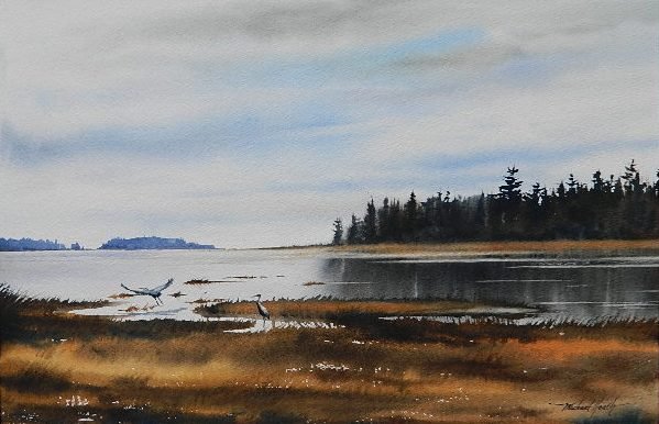 Michael Heath watercolor: Michael Heath (American 20th c.)- Herons on a Lake- watercolor on paper, signed Michael Heath lower right. 13 1/2 x 20 1/2''