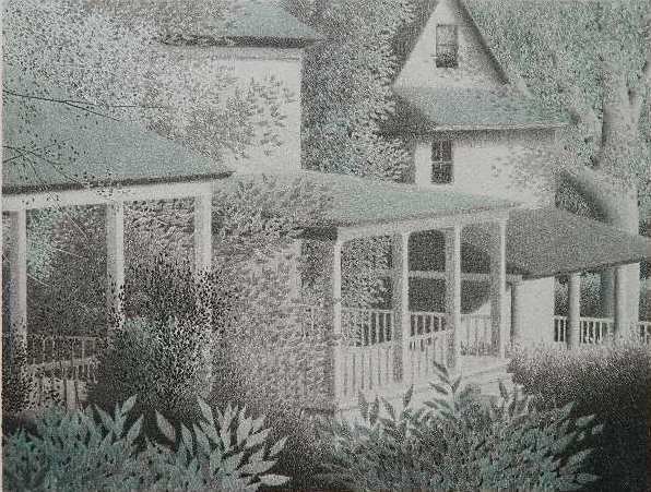 Robert Kipniss lithograph: Robert Kipniss (American 1931-)- ''Green Porches''- lithograph in colors, 1988, signed and numbered in pencil, 40 of 120, good condition. 11 1/8 x 14 5/8''