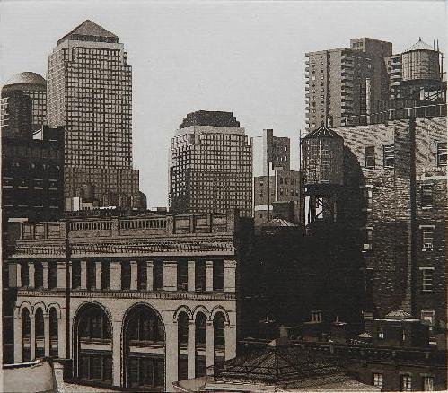 Martin Levine etching and aquatint: Martin Levine (American 20th c.)- Rooftops, Tribeca- etching and aquatint, 1997, signed, titled, dated and numbered in pencil, 24 of 40, very good condition. 5 3/8 x 6 1/8''