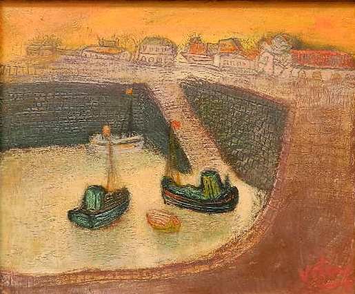 Jean Volang oil: Jean Volang (Vietnamese 1921-2005)- ''Fishing Port''- oil on canvas, signed Volang- lower right. 19 1/4 x 23 1/4''