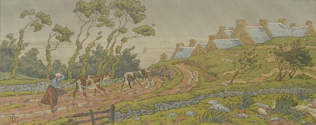 Henri Riviere lithograph in colors: Henri Riviere (French 1872-1936)- ''L'Averse''- lithograph in colors, 1901, published by Eugene Verneau, Pl. 7 for 'La Feerie de Heures'. 9 3/8 x 23 1/2''