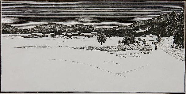 Asa Cheffetz wood engraving: Asa Cheffetz (American 1897-1965)- "Mid-Winter" Springfield 89)- wood engraving, ca. 1949, very good condition. 4 1/4 x 8 1/2"
