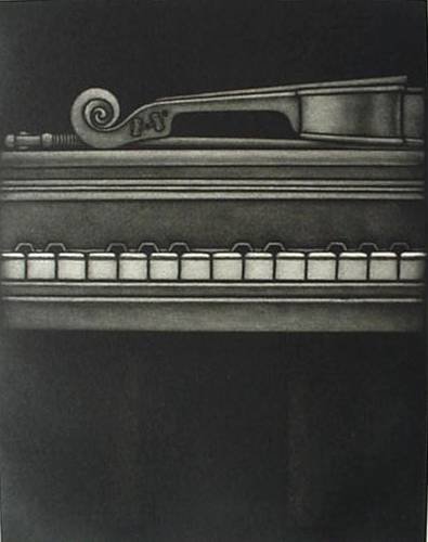 Kazuhisa Honda mezzotint: Kazuhisa Honda- ''Piano and Violin''- mezzotint, 1984, signed and numbered, edition of 85, very good condition. 9 x 7''