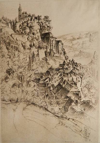 John Taylor Arms etching: John Taylor Arms- ''Rocamadour''- etching, 1927, signed, dated and annotated 'second state' in pencil, light struck, otherwise good condition. 13 3/4 x 9 1/2''