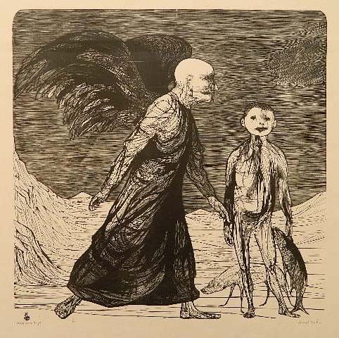 Leonard Baskin wood engraving: Leonard Baskin- ''Tobias and The Angel'' (Fern & O'Sullivan 367)- wood engraving, 1958, signed and titled in pencil, edition of 300 for IGAS. 15 x 15''