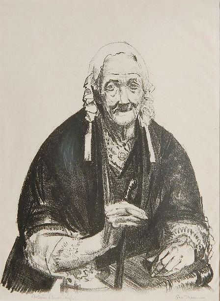 George Bellows lithograph: George Bellows- ''Irish Grandmother'' (Mason 155)- lithograph, 1923, signed in pencil by artist and Bolton Brown, edition of 90, fair condition. 10 x 8 1/4''