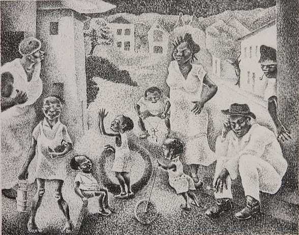 George Biddle lithograph: George Biddle- ''Catfish Row''- lithograph, 1936, edition of 200, done for AAG, tape stains verso, otherwise good condition. 9 5/8 x 12 1/8''