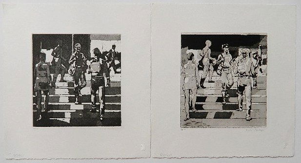 Isabel Bishop 2 aquatints: Isabel Bishop- ''Students on the Steps'' (Teller 77); ''Entrance to Union Square'' (T. 78)- 2 aquatints, both signed and numbered in pencil, very good condition. 8 1/8 x 7 1/2''; 7 7/8 x 7 1/2''