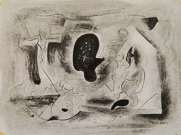 Charles Campbell pen and ink drawing: Charles Campbell- Line Figures Masses Around Black Area- pen and ink on paper, 1944, signed Charles Campbell 44 lower right, torn upper left corner, tape to corners. 8 x 11''