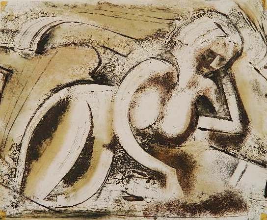 Charles Campbell ink drawing: Charles Campbell- Abstracted Female Reclining- ink on paper, 1945, signed Charles Campbell '45 lower right, tape to corners. 10 1/2 x 13''