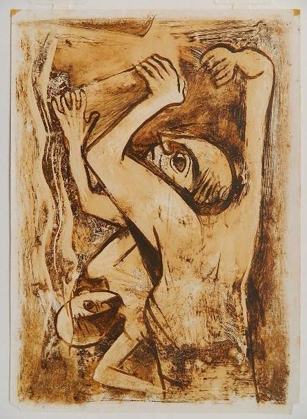 Charles Campbell oil on paper: Charles Campbell- Two Abstracted Horizontal Figures- oil on paper, 1946, signed Charles Campbell '46 lower left, lower left and lower right corners torn, tape to upper corners. 15 3/4 x 11''